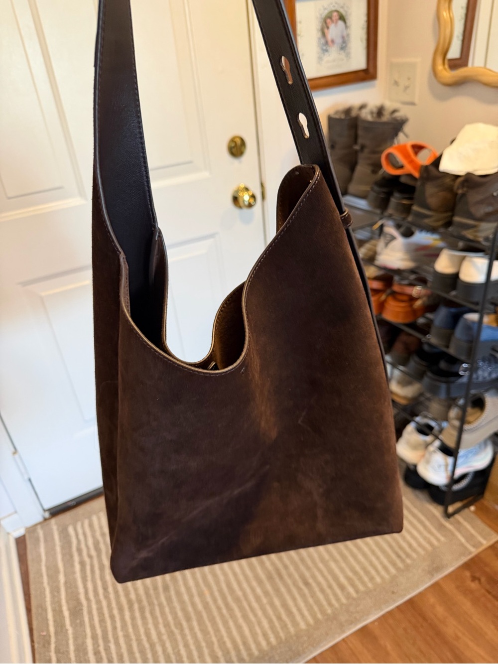 Tory Burch ROMY Large Hobo Bag Brown Suede Leather Adjustable Strap Slouchy Tote